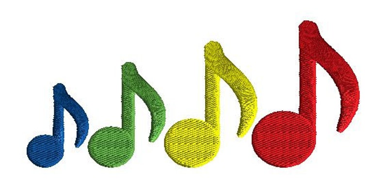 以下が含まれることがあります： 青い、緑の、黄色の、赤い、4つの異なる色の音楽記号が並んでいます