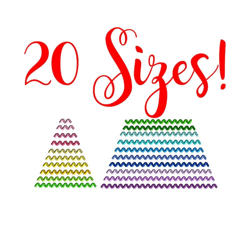 May include: 20 Sizes! Illustration of 20 different sizes of a rainbow colored zig-zag pattern in a triangle and rectangle shape.