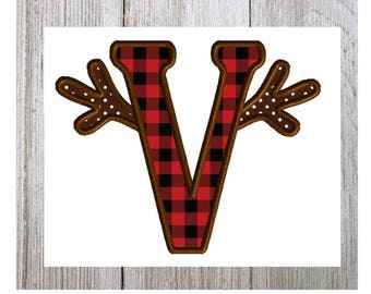 Antler Letter V, Machine Embroidery Design, Applique, Deer, Deer Hunting, Thanksgiving, Reindeer, Christmas Design, 3 Sizes