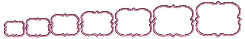May include: Set of seven pink decorative frames with a scalloped edge. The frames are different sizes and are arranged in a row from smallest to largest.