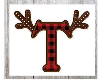 Antler Letter T, Machine Embroidery Design, Applique, Deer, Deer Hunting, Thanksgiving, Reindeer, Christmas, 3 Sizes