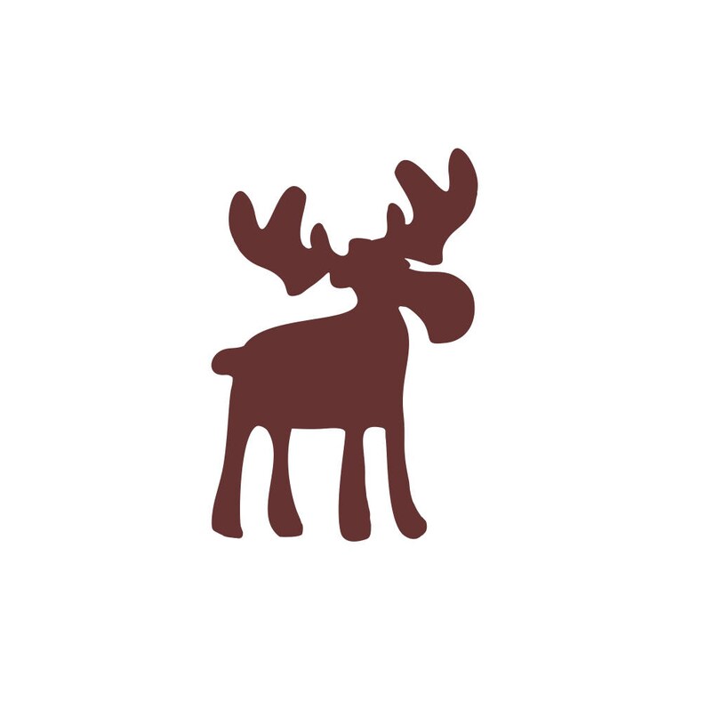 May include: A brown silhouette of a moose with large antlers. The moose is standing on all four legs and is facing to the right.