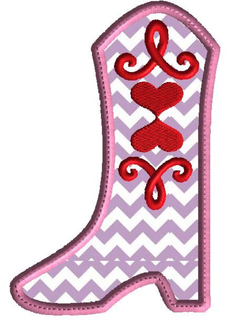 May include: Pink boot with a chevron pattern and red heart and swirl designs.
