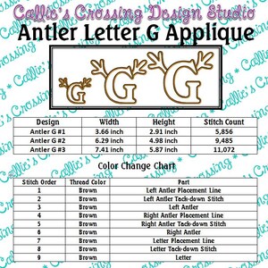 Antler Embroidery Design, Letter G, Antler Applique, Machine Embroidery, Applique, Deer, Reindeer, Hunting, 3 Sizes image 3