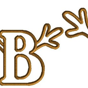 May include: Three different sizes of the letter "B" with brown leafy branches on either side of the letter. The letter is outlined in brown and filled in white.
