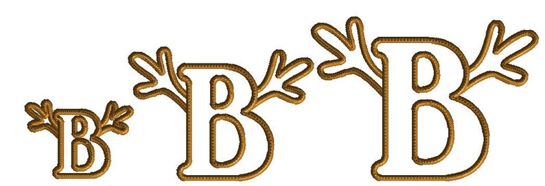 May include: Three different sizes of the letter "B" with brown leafy branches on either side of the letter. The letter is outlined in brown and filled in white.