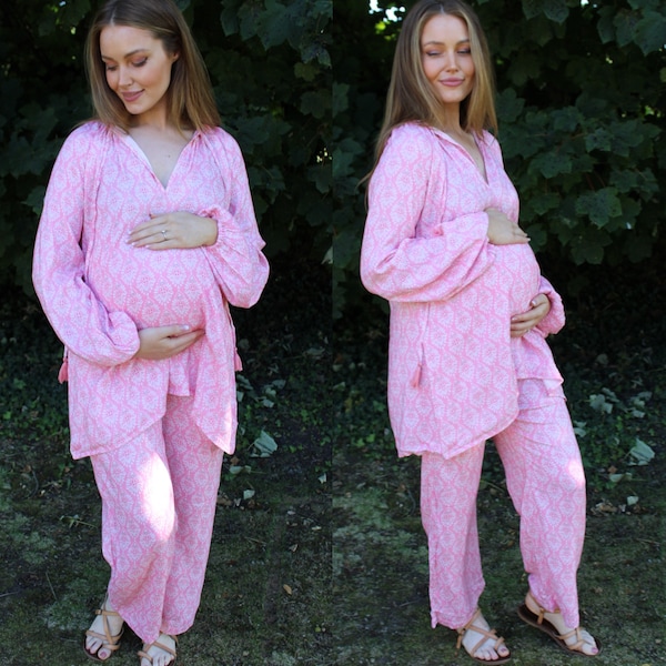 Boho maternity pjs - soft comfortable double gauze pajamas for pregnancy, hospital, postpartum and beyond - mother gift - luxury loungewear