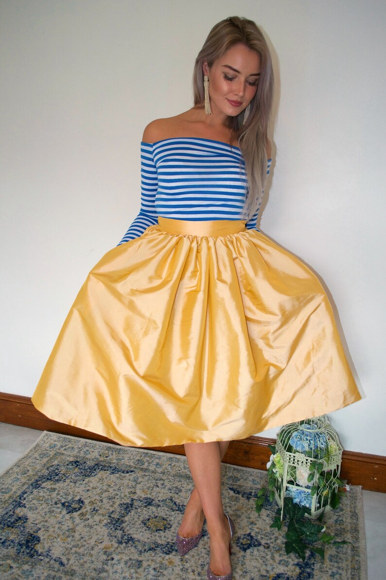 Taffeta yellow full knee skirt Ready to Ship mismatched bridesmaids formal skirt wedding guest pockets preppy courthouse bride