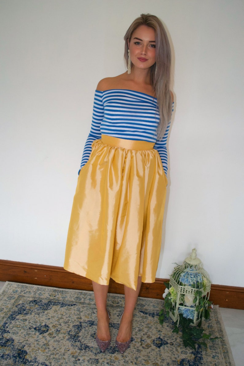 Taffeta yellow full knee skirt Ready to Ship mismatched bridesmaids formal skirt wedding guest pockets preppy courthouse bride