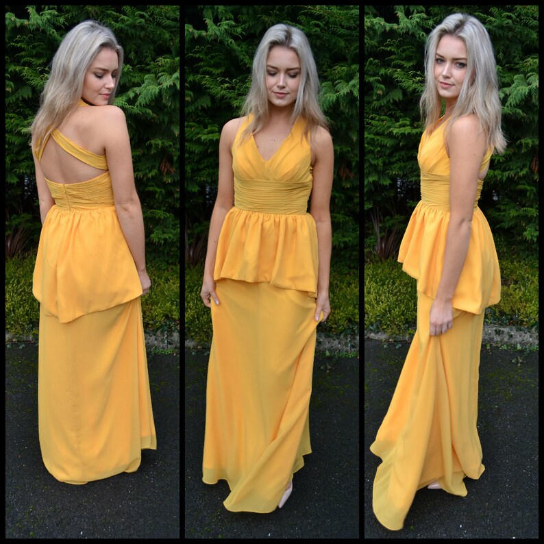 Many colors available! wedding guests Flattering peplum bridesmaids dress -/'Selena/' gorgeous halter gown for bridesmaids