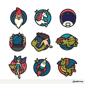 Puede incluir: Nueve iconos circulares coloridos con diferentes ilustraciones. Los iconos representan un gnomo, un unicornio, un casco espacial, una sirena, una rana, un hada, un cohete y un dragón.