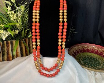 Long red and gold wooden statement necklace, red wooden jewelry, gold statement necklace