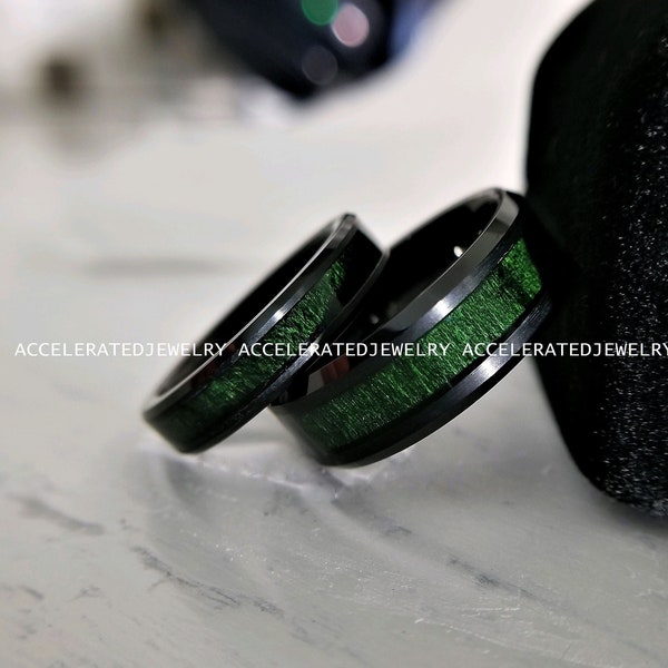 Reserved For John Stanley 8MM Black Tungsten And Genuine Deep Emerald Green Wood Inlay Wedding Ring, Beveled Edge, Brushed Finish
