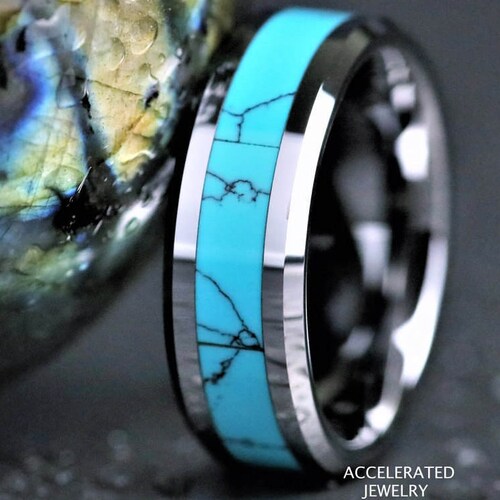 8MM Mens Silver Tungsten and Turquoise Wedding Engagement - Etsy