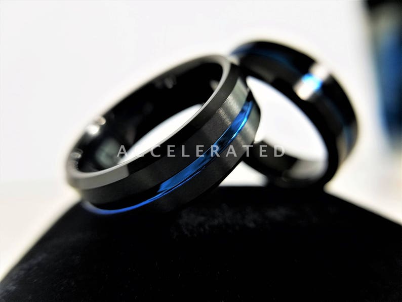 Black Tungsten Brushed Thin Blue Line Wedding Band Ring Personalized Ring