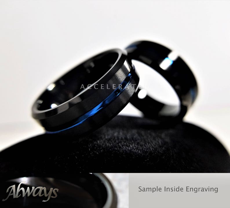 Black Tungsten Brushed Thin Blue Line Wedding Band Ring Personalized Ring
