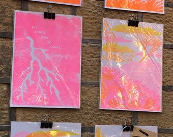 A3 Wuthering Heights Risograph prints, pink and yellow