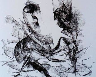 Contemporary romantic modern abstract charcoal artwork original drawing black white. Swimming in the waters of your happiness makes me cry.
