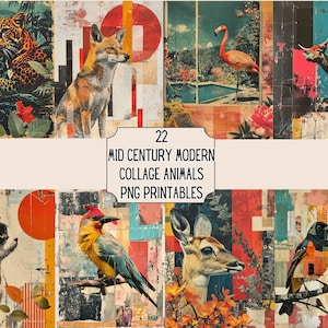May include: A collage of 22 mid-century modern animal illustrations. The images feature a leopard, fox, flamingo, bull, cat, bird, and deer. The images are in a variety of colours and styles, and they are all set against a background of geometric shapes and patterns.