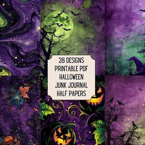 Halloween Printable Half Papers for Junk Journaling, Scrapbooking, Card-Making and other Paper Crafts | Canva | 28 Designs | 14 Pages