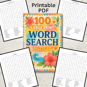 May include: A collection of word search puzzles with the text "100 LARGE PRINT WORD SEARCH PUZZLES" and "Printable PDF". The puzzles feature various themes, including Niagara Falls, Book Store, and Flowers. Each puzzle is surrounded by a black border.