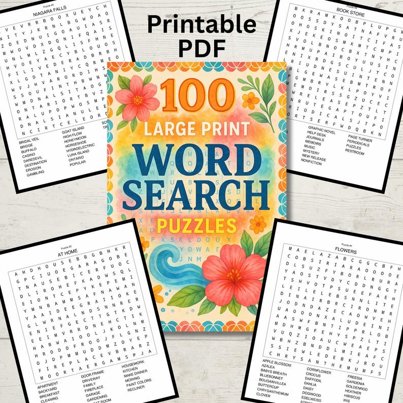 May include: A collection of word search puzzles with the text "100 LARGE PRINT WORD SEARCH PUZZLES" and "Printable PDF". The puzzles feature various themes, including Niagara Falls, Book Store, and Flowers. Each puzzle is surrounded by a black border.