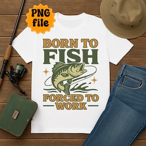 Nacido para pescar, obligado a trabajar PNG – Diseño de camiseta de pesca retro – Clipart de pescador divertido – Uso comercial - Diseño de pegatinas - Diseño de tazas