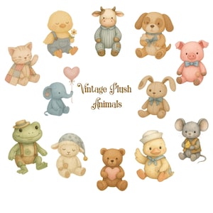 Vintage Plush Animals Clipart Bundle – 12 Watercolor Baby Animal PNGs with Transparent Background – Nursery Art, Commercial Use