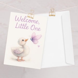 Cartão de boas-vindas para o pequeno bebê – Patinho e borboleta em aquarela – Cartão para recém-nascido, manuscrito, presente neutro para berçário