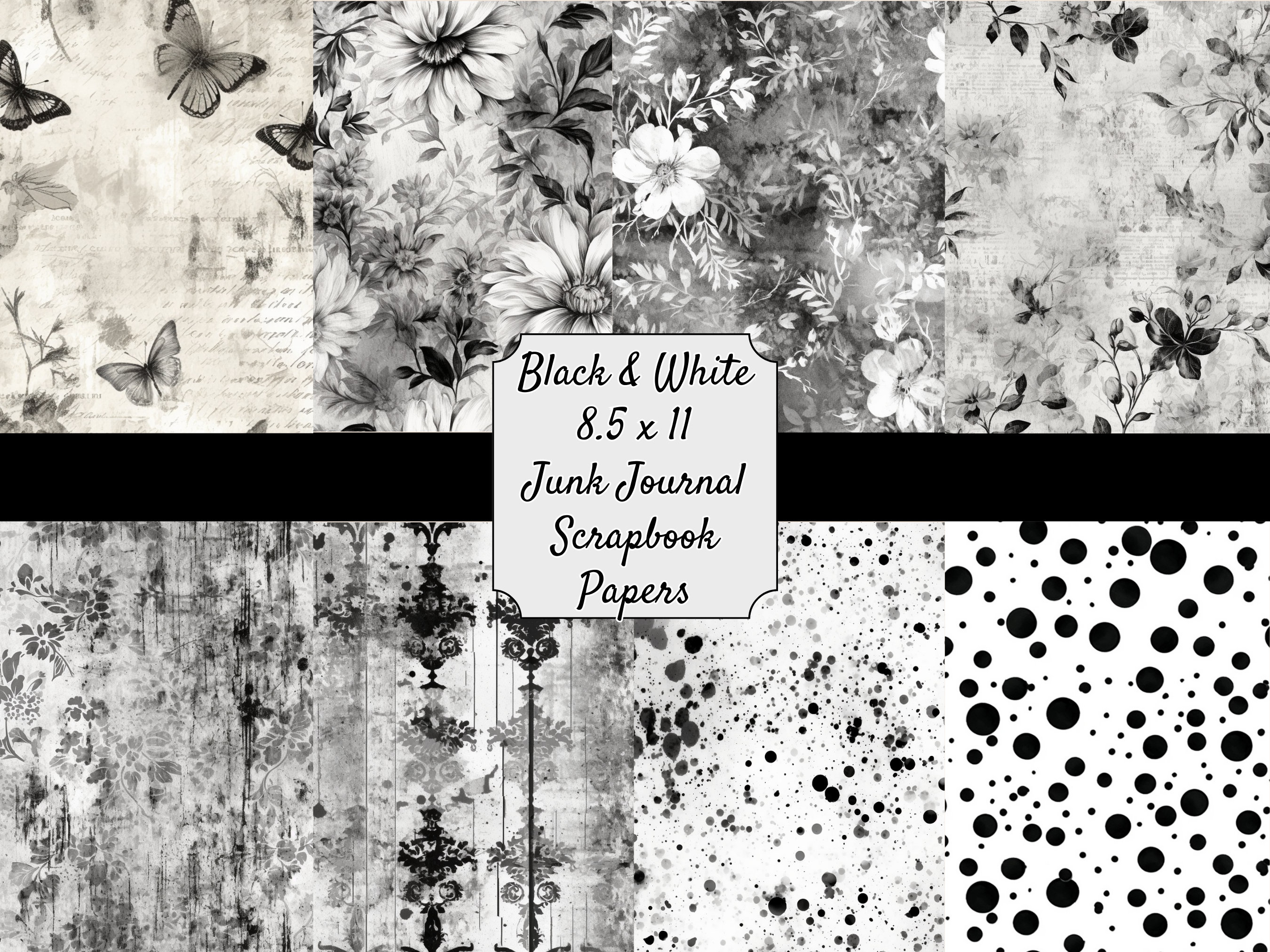 Black and White Shabby Background Printable Paper for Junk Journaling ...