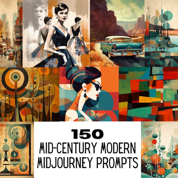 150 Mid-Century Modern Art Midjourney Prompts - Digital Download - Google Sheet & PDF File - Art Inspiration, Creative Exercises, Midjourney