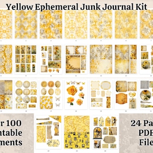 Yellow Ephemeral Junk Journal Kit - Printable PDF - 24 Pages of Ephemera