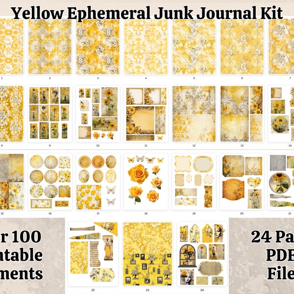 Yellow Ephemeral Junk Journal Kit - Printable PDF - 24 Pages of Ephemera