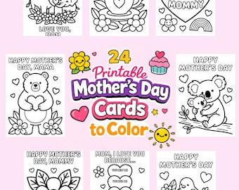24 afdrukbare Moederdagkaarten om in te kleuren | DIY-kleurkaarten voor kinderen | Direct downloaden