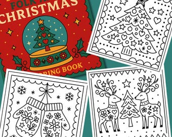 Folkkonst Julmålarbok: 24 utskrivbara julsidor (digital nedladdning PDF)