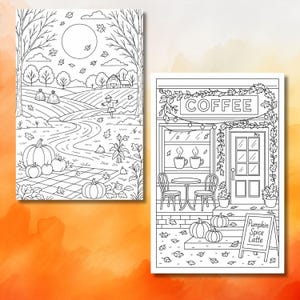 Op de afbeelding: Twee zwart-wit illustraties. E&eacute;n toont een herfstboerderijtafereel met pompoenen, een vogelverschrikker en een weg. De andere toont een koffiehuis met het woord "COFFEE" en een bord voor "Pumpkin Spice Latte".