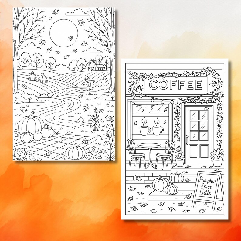 Op de afbeelding: Twee zwart-wit illustraties. E&eacute;n toont een herfstboerderijtafereel met pompoenen, een vogelverschrikker en een weg. De andere toont een koffiehuis met het woord "COFFEE" en een bord voor "Pumpkin Spice Latte".