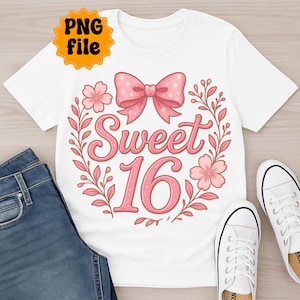 Sweet 16 PNG – Design de sublimação de aniversário coquete, gráfico de laço feminino rosa, camiseta feminina para impressão - Uso comercial - Impressão sob demanda
