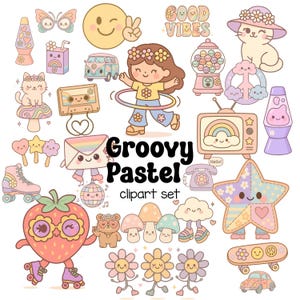 Groovy pastel clipart set – jaren 70 kawaii retro graphics voor stickers, sublimatie, scrapbooking, digitale planners, commercieel gebruik, png