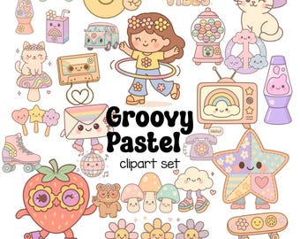 Groovy Pastel Clipart Set – 70s Kawaii Retro Graphics for Stickers, Sublimation, Scrapbooking, Digital Planners, Commercial Use PNG