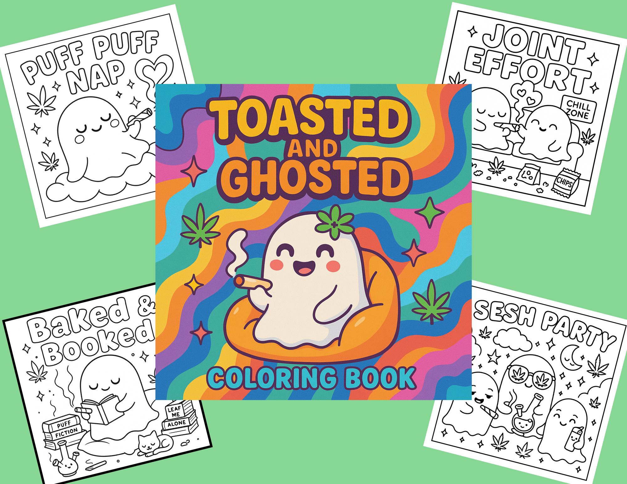 Toasted and Ghosted Livro de Colorir PDF – 40 páginas engraçadas de fantasmas com tema cannabis para adultos | Arte 420 para imprimir