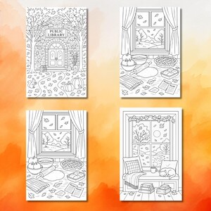 Op de afbeelding: Vier zwart-wit kleurplaten met herfstthema's. E&eacute;n toont een openbare bibliotheek, een andere een raam met een herfstlandschap en twee tonen baksc&egrave;nes met recepten. De pagina's staan tegen een oranje aquarel achtergrond.