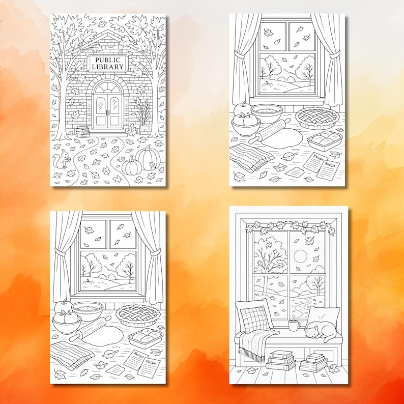 Op de afbeelding: Vier zwart-wit kleurplaten met herfstthema's. E&eacute;n toont een openbare bibliotheek, een andere een raam met een herfstlandschap en twee tonen baksc&egrave;nes met recepten. De pagina's staan tegen een oranje aquarel achtergrond.