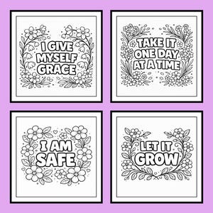 Puede incluir: Cuatro dise&ntilde;os cuadrados de arte lineal en blanco y negro con bordes florales y frases inspiradoras. Las frases incluyen "I GIVE MYSELF GRACE", "TAKE IT ONE DAY AT A TIME", "I AM SAFE" y "LET IT GROW".