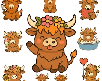 Set di clipart di mucche delle Highlands kawaii / animali da fattoria PNG (uso commerciale)