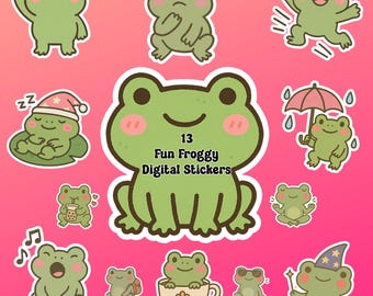 Kawaii Frog Stickers – 15 PNG Clipart Designs (Digital Download)