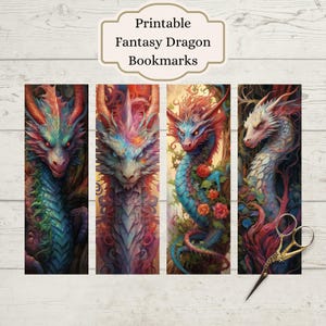 May include: Four printable fantasy dragon bookmarks. Each bookmark features a different dragon with vibrant colors and intricate details. The dragons are depicted in a whimsical setting with flowers and foliage.