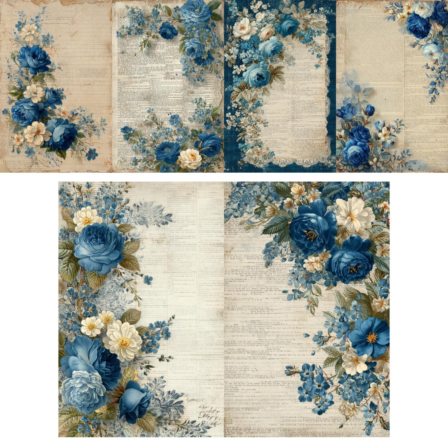 Blue Floral Junk Journal Kit: Vintage Ephemera, Printable PDF (17 Pages ...