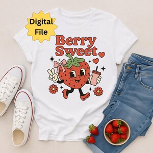 Frutas Vermelhas Doces PNG | Design de Sublimação de Morango Retrô | Clipart de Frutas Kawaii para Camisetas, Adesivos e Copos | Uso Comercial Aceitável