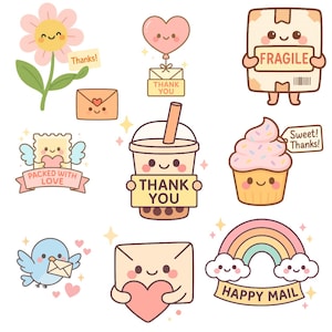 Lindo conjunto de imágenes prediseñadas de correo feliz para pequeñas empresas / Pegatinas PNG de agradecimiento kawaii / Gráficos de empaque imprimibles para vendedores de Etsy